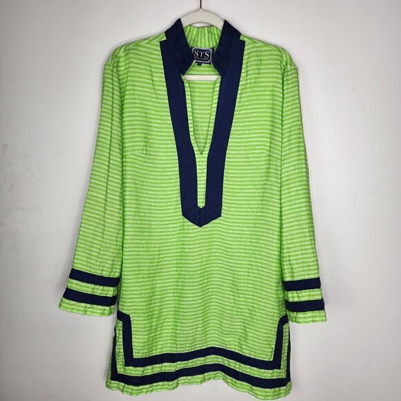 Sail to Sable Long Sleeve Linen Tunic Dress Coverup Green Blue Size 4 - Picture 2 of 14